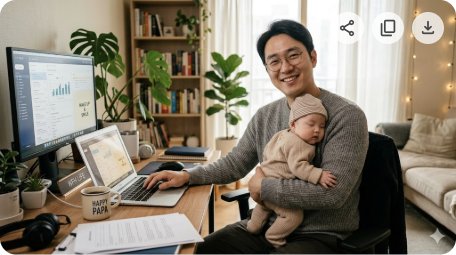 블로그 대표 이미지. 아빠가 아기를 안고 재택근무하는 행복한 모습. 가로 16:9.