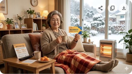 블로그 대표 이미지. 겨울 따뜻한 집 안에서 어르신이 쉬는 모습. 에너지 바우처 카드. 가로 16:9.