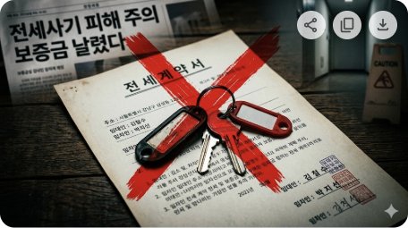 블로그 대표 이미지. 집 열쇠와 계약서 위에 빨간 X 표시. 전세사기 경고 분위기. 가로 16:9.