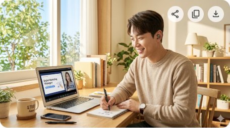 블로그 대표 이미지. 책상에서 노트북으로 온라인 강의 듣는 청년. 밝은 분위기. 가로 16:9.